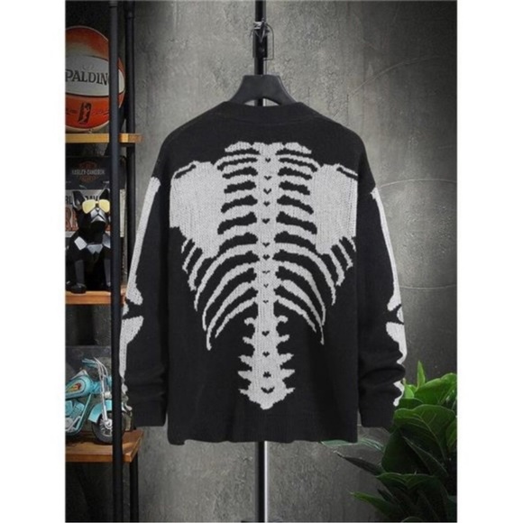 Halloween Cardigan Sweater Black Skeleton Skull Outwear Jacket Coat Unisex - Picture 6 of 6